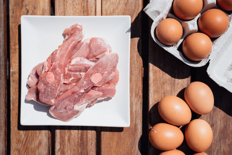 Healthy foods rich in animal protein, raw meat and eggs.