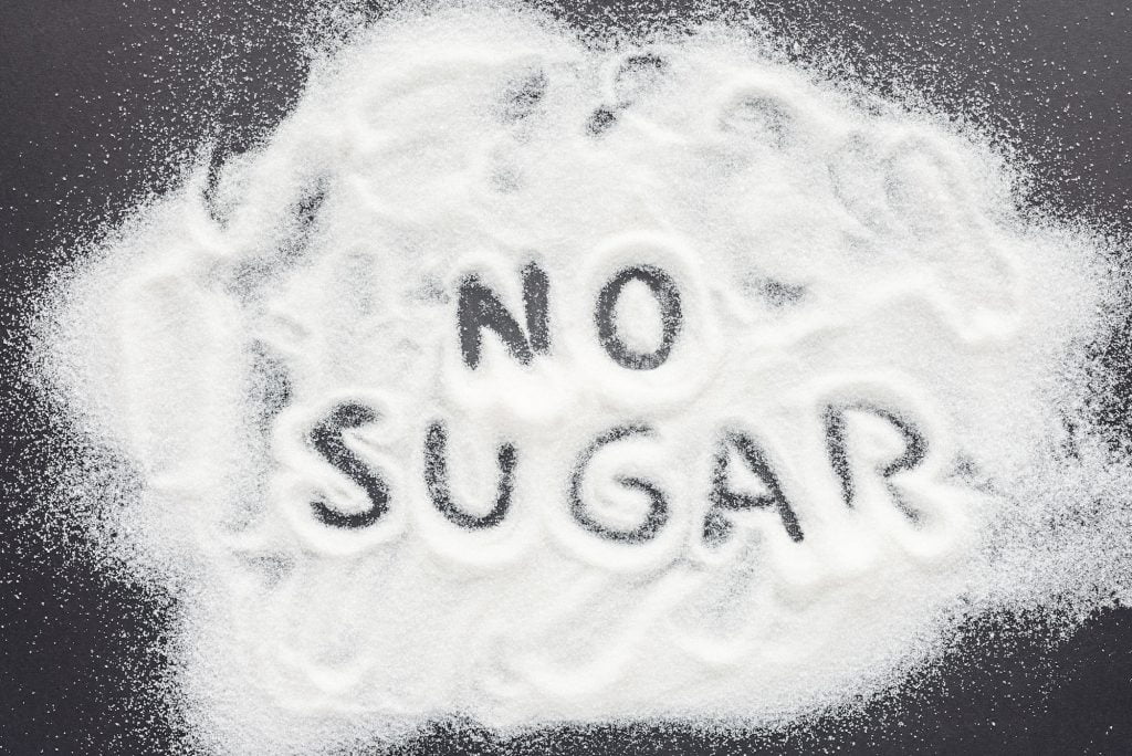top view of"no sugar" handwritten lettering on grey table