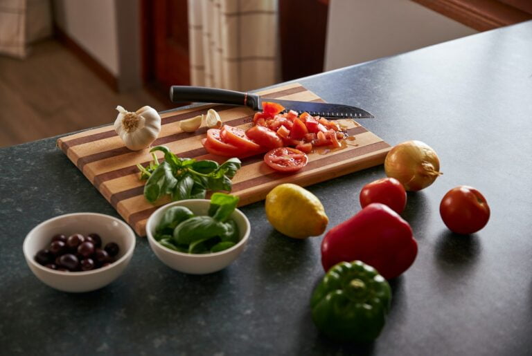 Vegetarian dinner recipe on chopping board