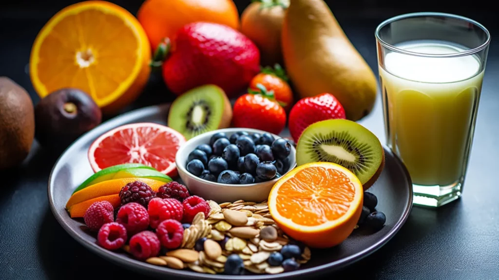 a wide variety of fruits, nuts and fruit sit on a plate, in the style of vibrant energy